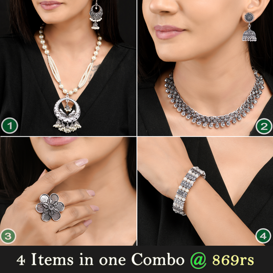 Mega Offer – Oxidised Jewellery Set with Choker Set, Pearl Necklace Set, Bracelet, Ring Combo